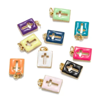 Dije rectangular cruz baño oro 18k y enamel multicolor 14x9x2mm