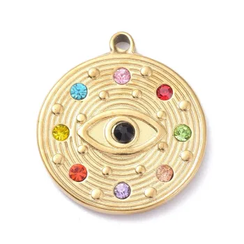 Medalla con ojo y cristales multicolor dije dorado 23x20.5x3mm