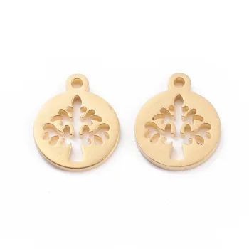 Círculo plano con árbol de la vida dije dorado 12x10x1mm