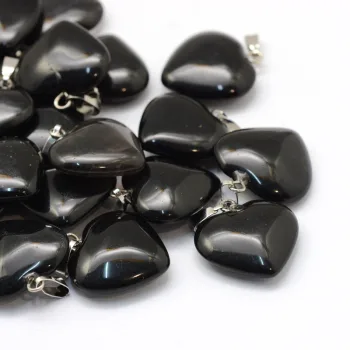 Corazón de Piedra Negra dije con base plateada 18x16x8mm