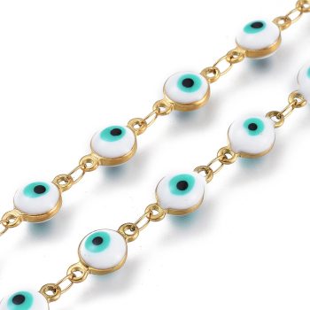 Cadena acero ojos turcos blancos y turquesa 11x6x4mm