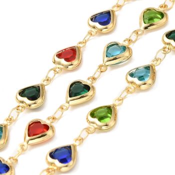 Cadena latón dorada baño oro 18k conectores corazón multicolor 12.5x7.5x2.5mm