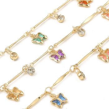 Cadena latón dorada conectores ovalados dijes mariposas multicolor 14x2x1mm