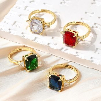 Anillo ajustable baño oro 18k y zirconia rectangular multicolor