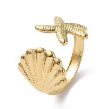 Anillo estrella de mar y concha dorado acero inoxidable baño oro 18k 18mm
