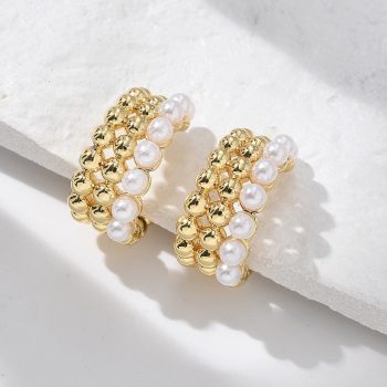Earcuff baño oro 18k balines y perlas acrílicas redondas