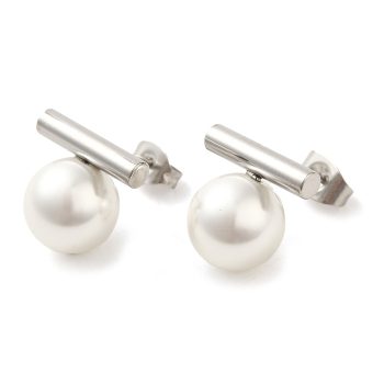 Aretes perla concha y tubo de acero inoxidable plateado