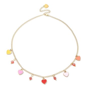 Collar dorado acero inoxidable dijes corazón y  flores de murano multicolor 40.3cm