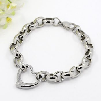 Pulsera cadena rolo corazón central de acero inoxidable plateado
