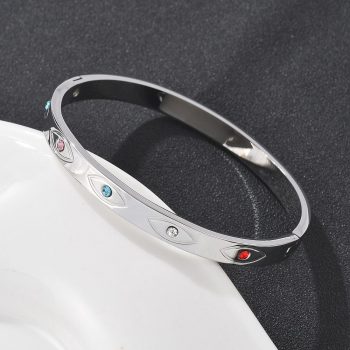 Brazalete con ojos de zirconias incrustadas multicolor acero inoxidable plateado