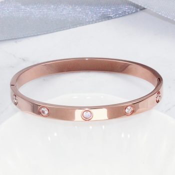 Brazalete aro oro rosa con zirconias incrustadas de acero inoxidable