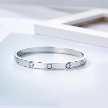 Brazalete aro plateado con zirconias incrustadas de acero inoxidable