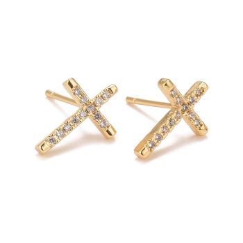 Aretes cruz micropave y baño oro 18k 14x10mm