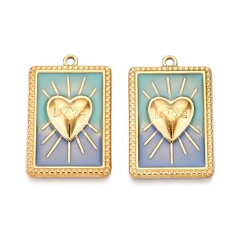 Rectángulo turquesa corazón central dorado acero inoxidable 28x18x3mm