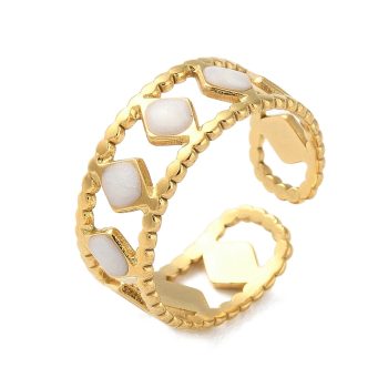 Anillo acero inoxidable dorado y rombos esmaltados blancos