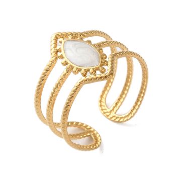 Anillo ojo caballo esmaltado blanco de acero inoxidable dorado