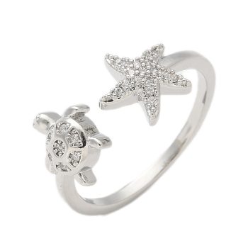 Anillo estrella y tortuga de micropave y acero inoxidable plateado