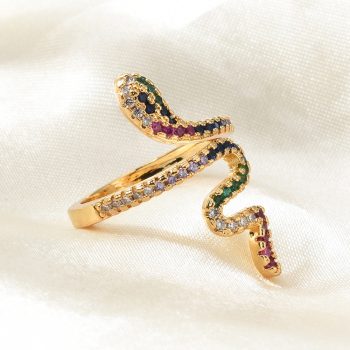 Anillo serpiente micropave colorido y baño oro 18k