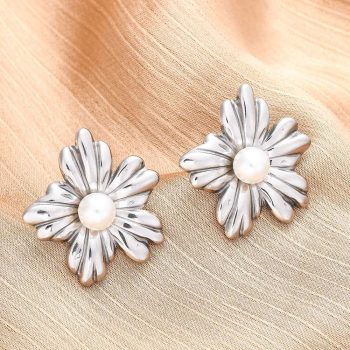 Aretes flor y perla acero inoxidable plateado 25x22mm