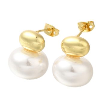 Aretes perla acrilica ovalada y baño oro 18k 19x16mm