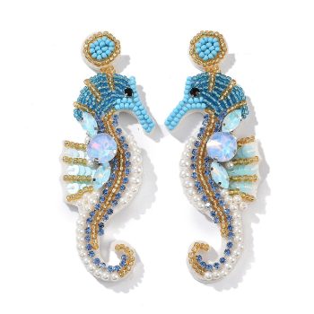 Aretes tejidos caballo mar celeste blanco 87x31mm