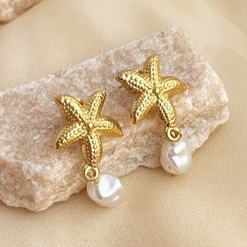 Aretes estrella mar y perla acero inox dorado 37x19mm