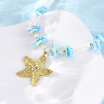 Collar conchas y balines y dije estrella de mar acero inoxidable y zirconias