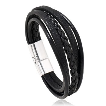 Pulsera cuero trenzado negro y cierre magnético