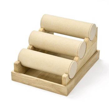 Exhibidor 3 niveles pulsera de microfibra beige y madera clara 24x18x13cm