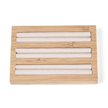 Tabla exhibidora anillos madera y microfibra beige 14.9x10.4x1.7cm