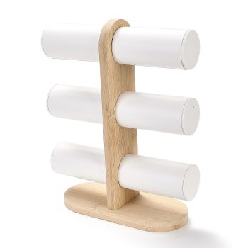 Exhibidor 3 niveles de pulseras cuero blanco y madera 22.5x8.95x28.5cm